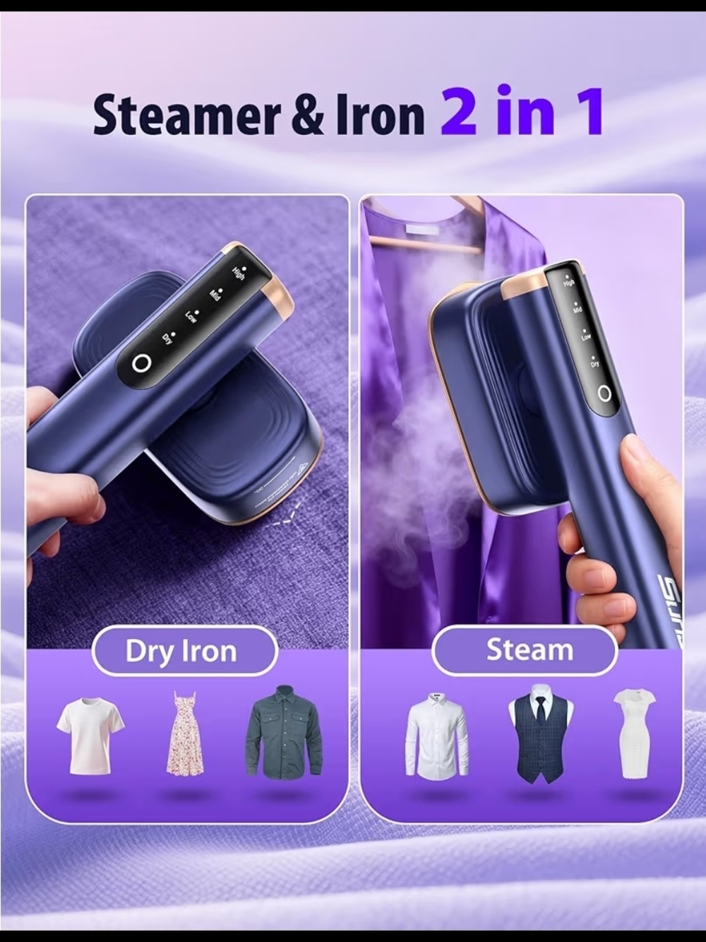 Handheld Garment Steamer in Deep Blue with Rose Gold Accents
